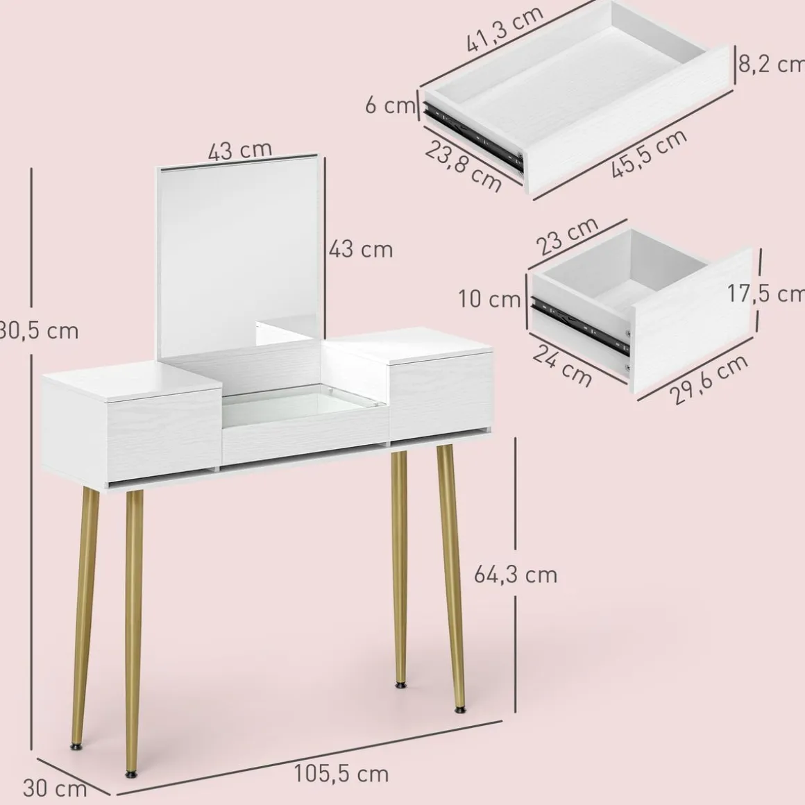 Tocador Gloria Homcom 1 espejo + 3 cajones blanco/dorado 130,5x105,5x30 cm