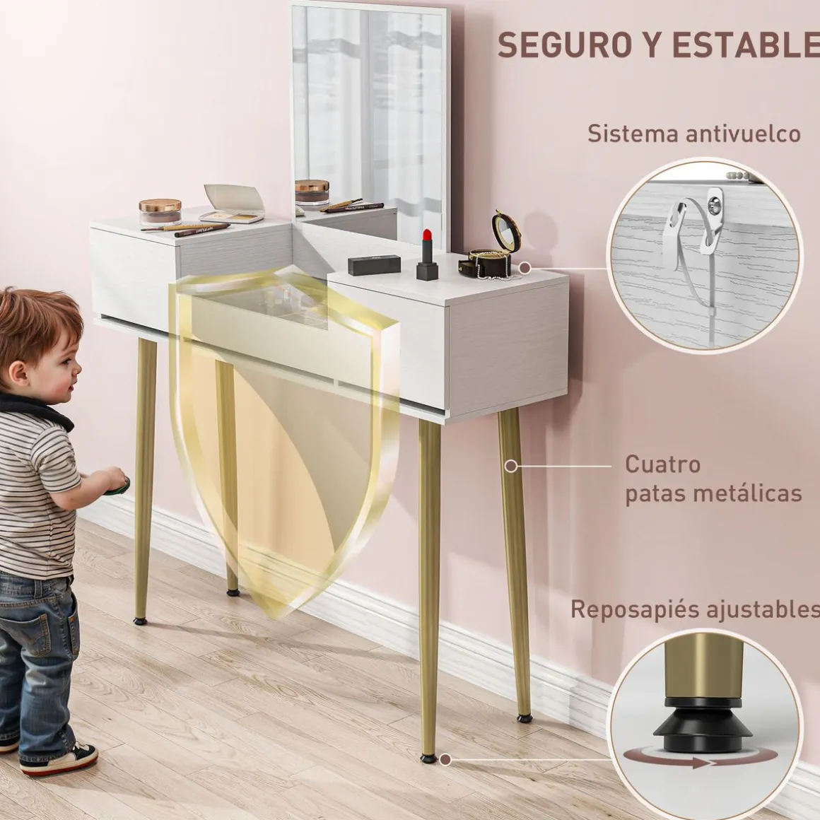 Tocador Gloria Homcom 1 espejo + 3 cajones blanco/dorado 130,5x105,5x30 cm