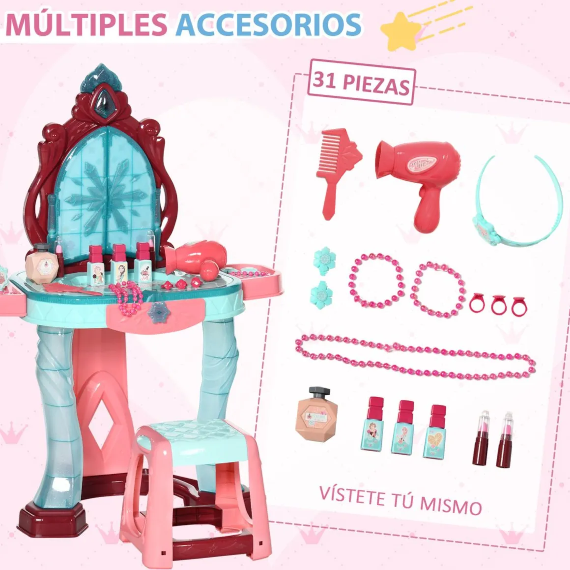 Tocador infantil Aiyaplay con espejo + luz + música +3A multicolor 76x57x34 cm