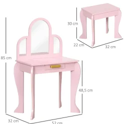 Tocador infantil Ariel Homcom con espejo + taburete 3-6 años rosa 85x52x32 cm