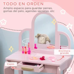 Tocador infantil Ariel Homcom con espejo + taburete 3-6 años rosa 85x52x32 cm