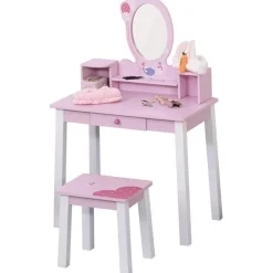 Tocador infantil Homcom con taburete+espejo rosa 93x60x34 cm