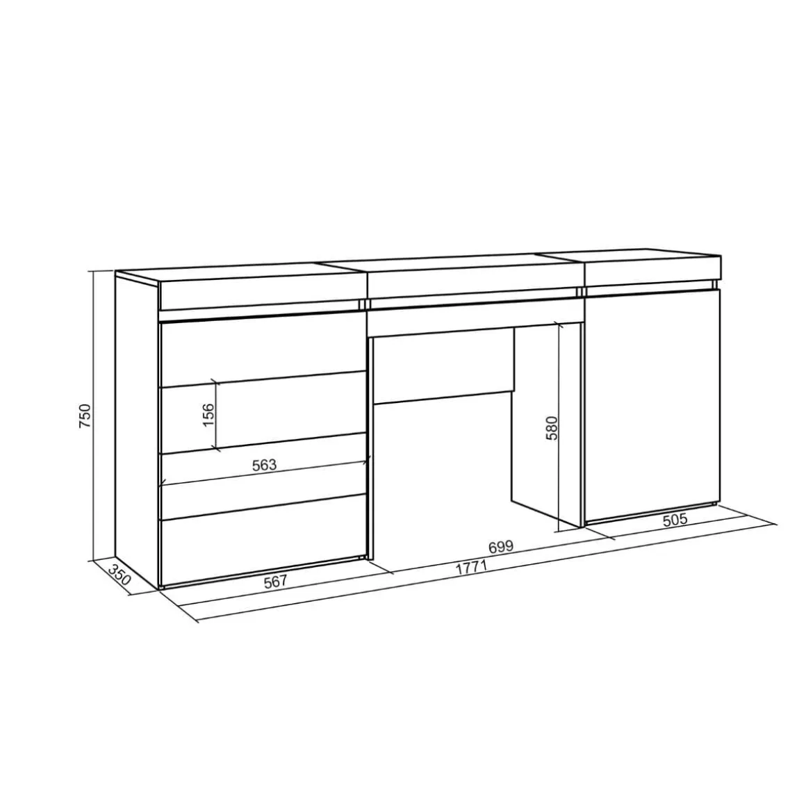 Tocador Kroma 5 cajones con puerta 75x177,1x35 cm
