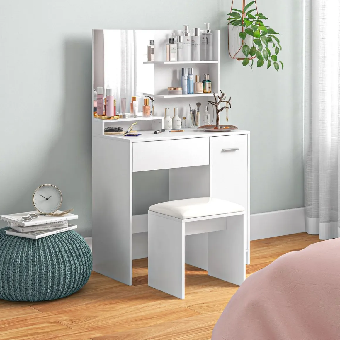 Tocador Nawa Homcom espejo + 3 estantes+ 1 cajón + 1 armario blanco 132x80x40 cm