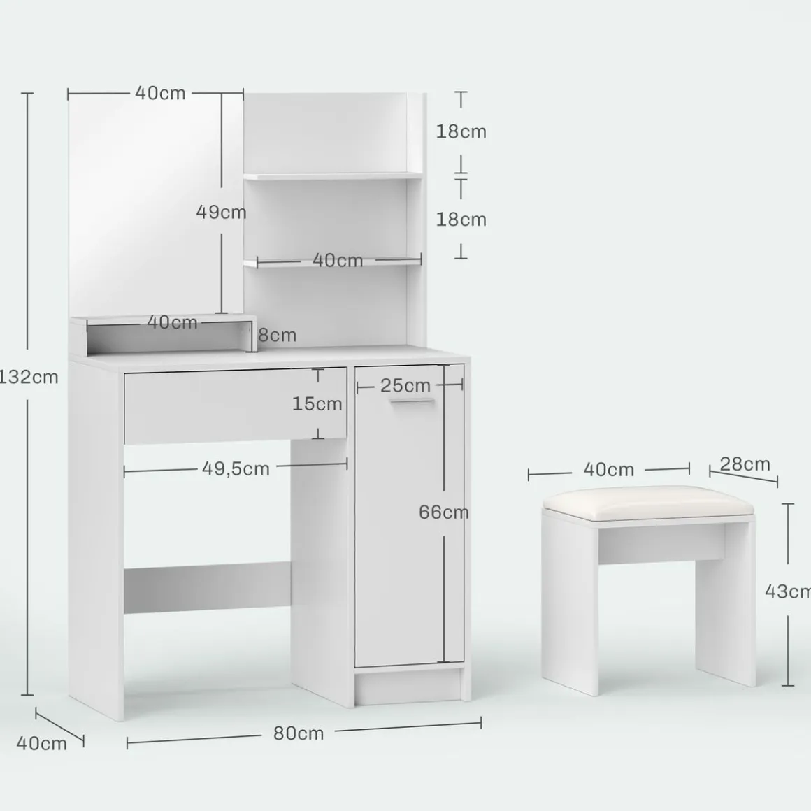 Tocador Nawa Homcom espejo + 3 estantes+ 1 cajón + 1 armario blanco 132x80x40 cm