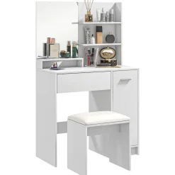 Tocador Nawa Homcom espejo + 3 estantes+ 1 cajón + 1 armario blanco 132x80x40 cm