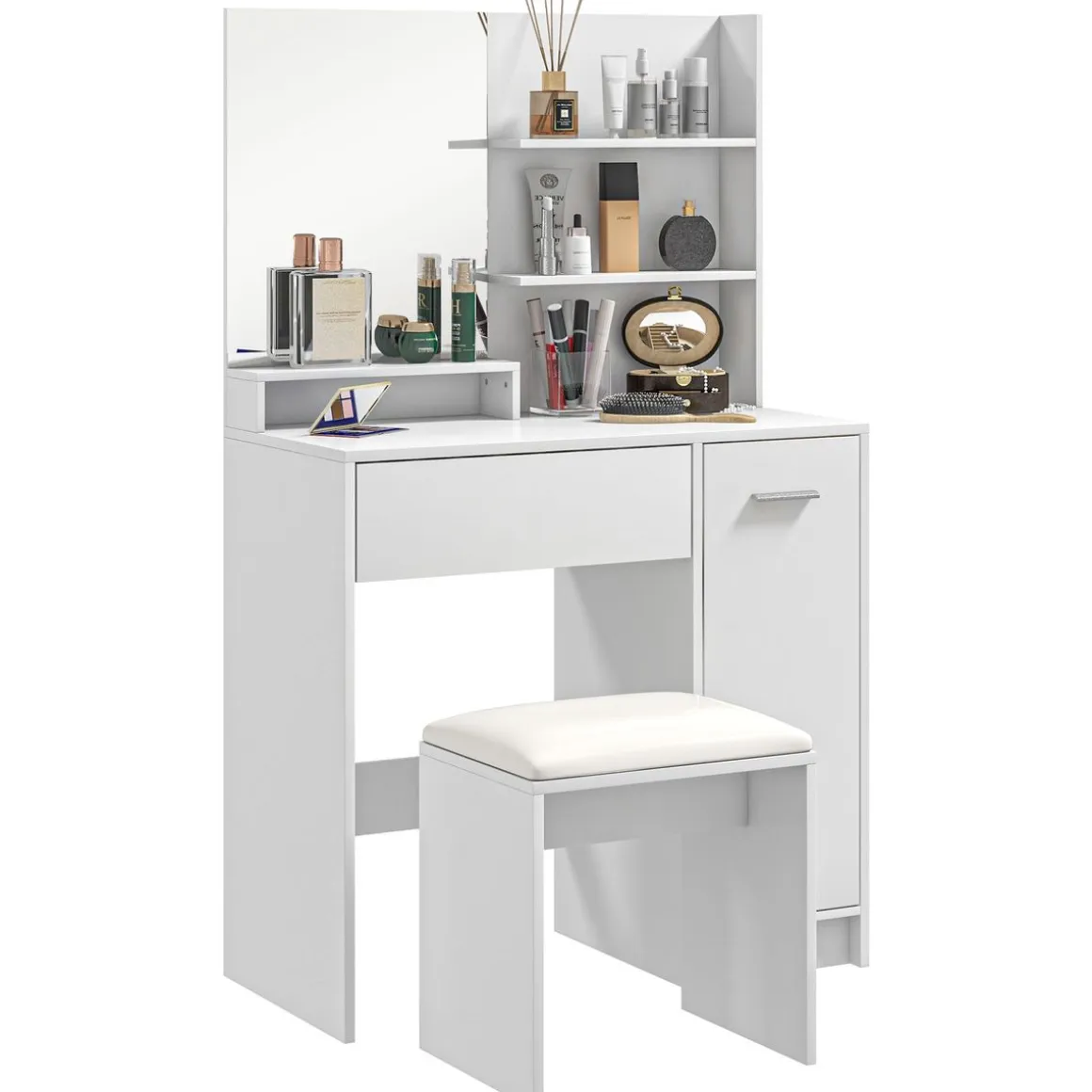 Tocador Nawa Homcom espejo + 3 estantes+ 1 cajón + 1 armario blanco 132x80x40 cm