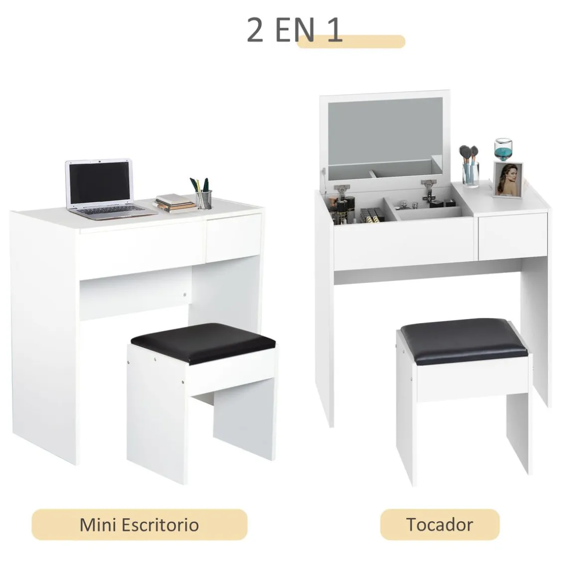 Tocador Trigo Homcom espejo abatible + cajón blanco 79x80x40 cm