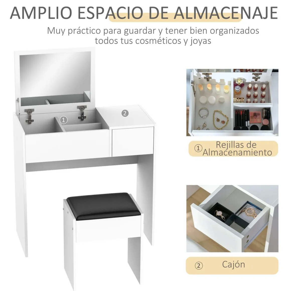 Tocador Trigo Homcom espejo abatible + cajón blanco 79x80x40 cm