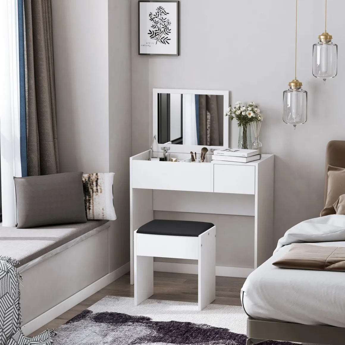 Tocador Trigo Homcom espejo abatible + cajón blanco 79x80x40 cm