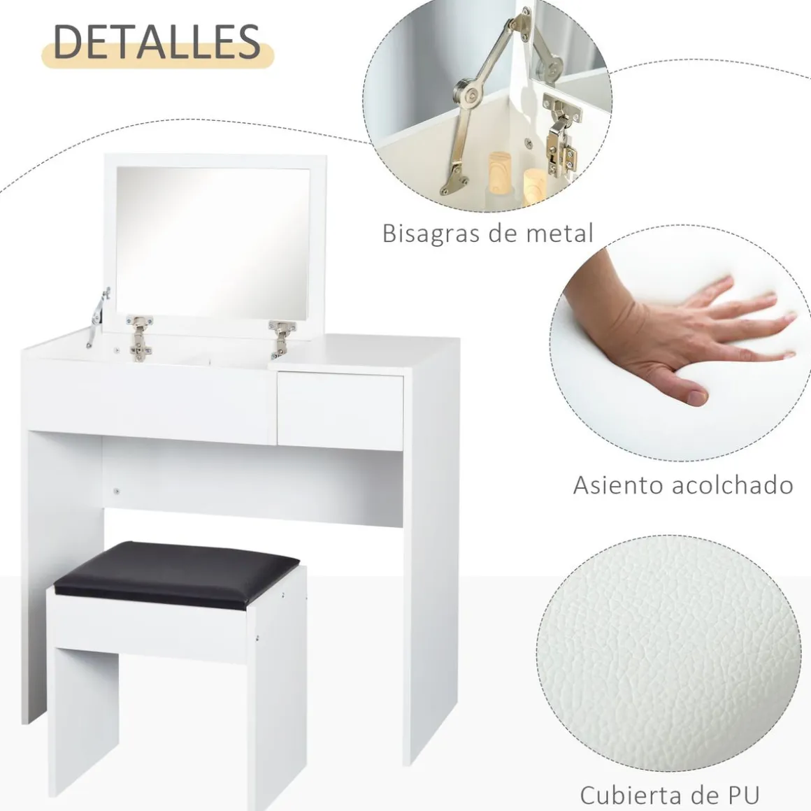 Tocador Trigo Homcom espejo abatible + cajón blanco 79x80x40 cm