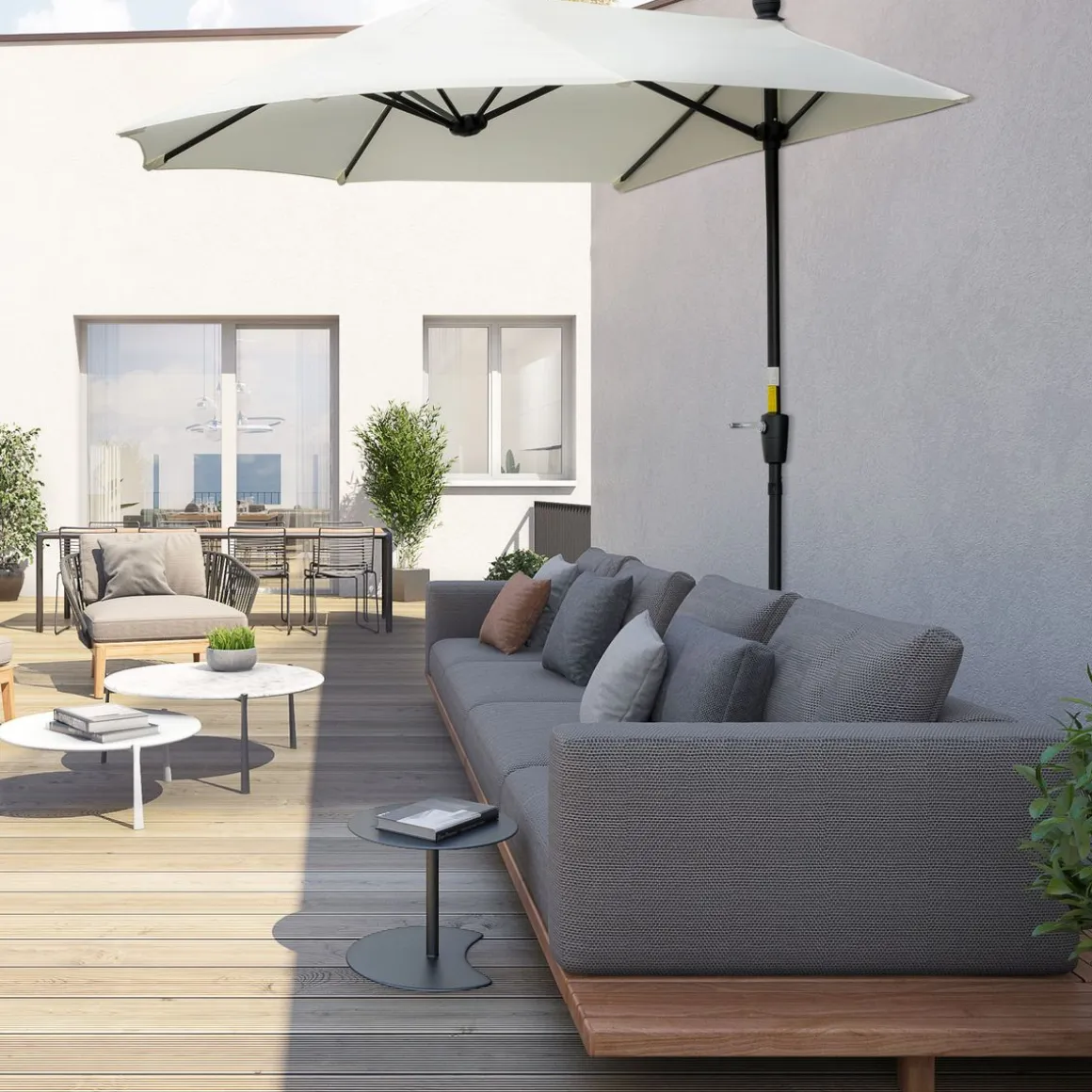 Toldo de pared Omaha semicircular con manivela + base cruzada crema 240x200x190 cm