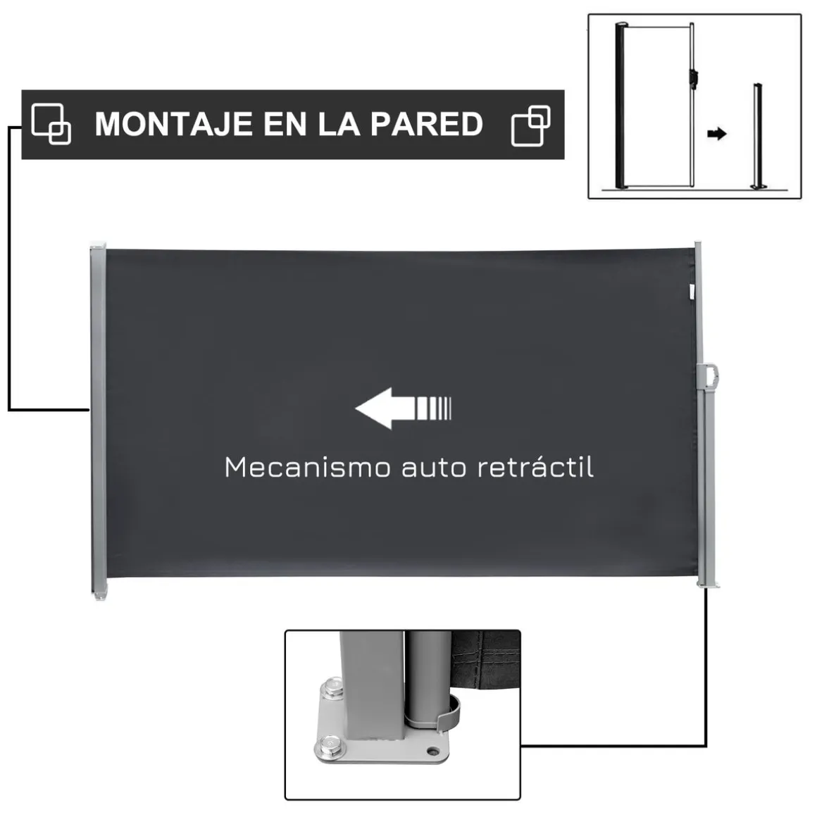 Toldo lateral Outsunny enrollable retráctil gris 180x300 cm