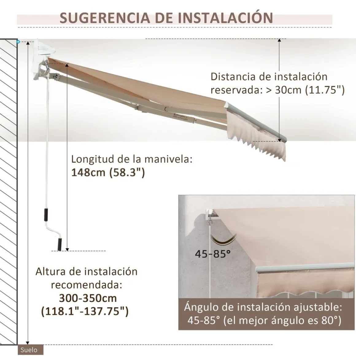 Toldo manual Almería Outsunny retráctil anti-UV beige 295x200 cm