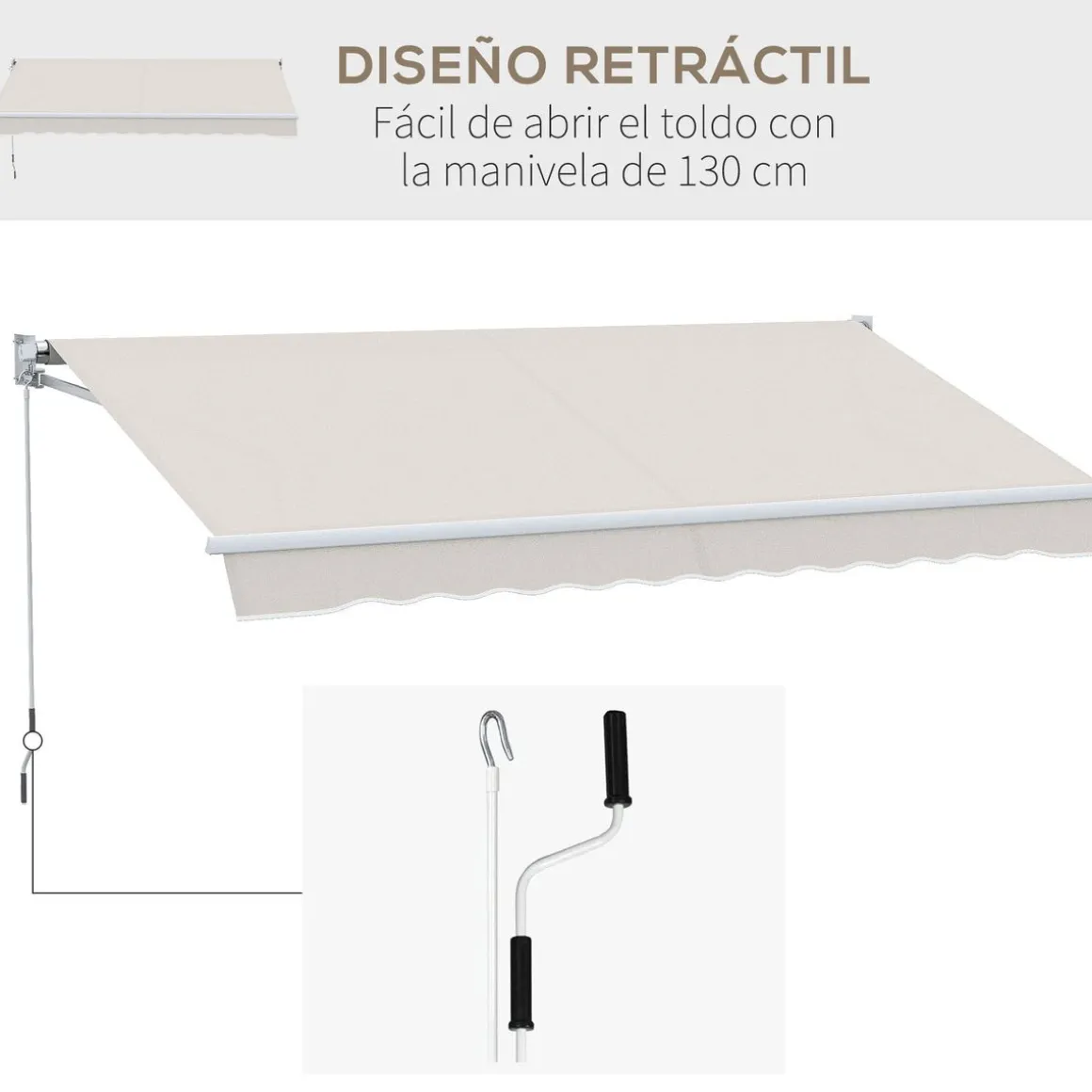 Toldo manual Badajoz Outsunny protección UV50+ crema 200x250 cm