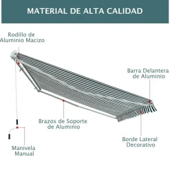 Toldo manual Outsunny con manivela ángulo ajustable verde/blanco 160x295x0-250 cm