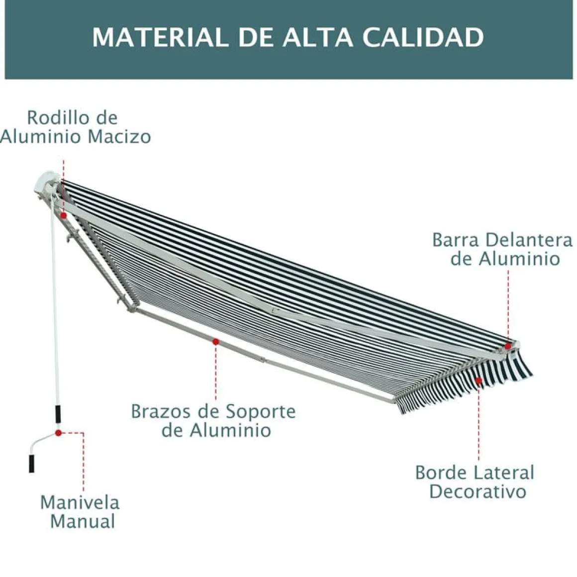 Toldo manual Outsunny con manivela ángulo ajustable verde/blanco 160x295x0-250 cm
