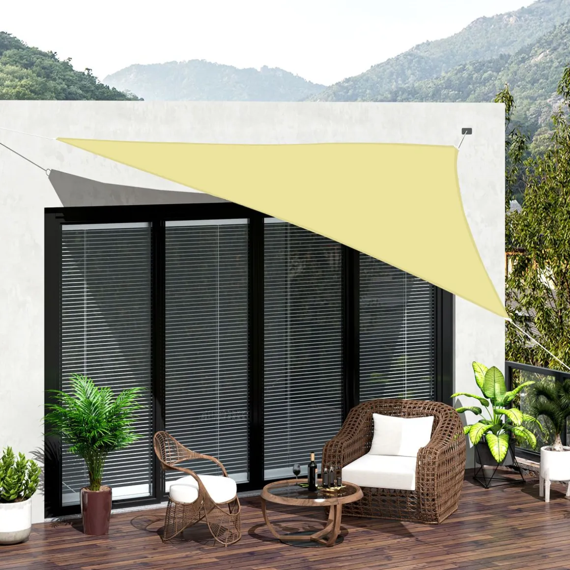 Toldo vela Ritual Outsunny diseño triangular arena 6x6 m