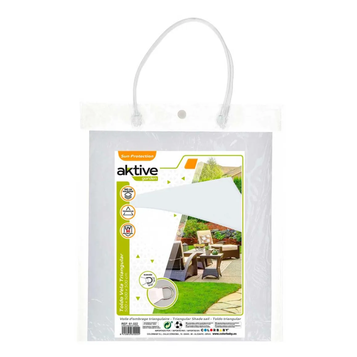 Toldo vela sombreo triangular Aktive Garden protección UV50 poliéster blanco 5x5x5m