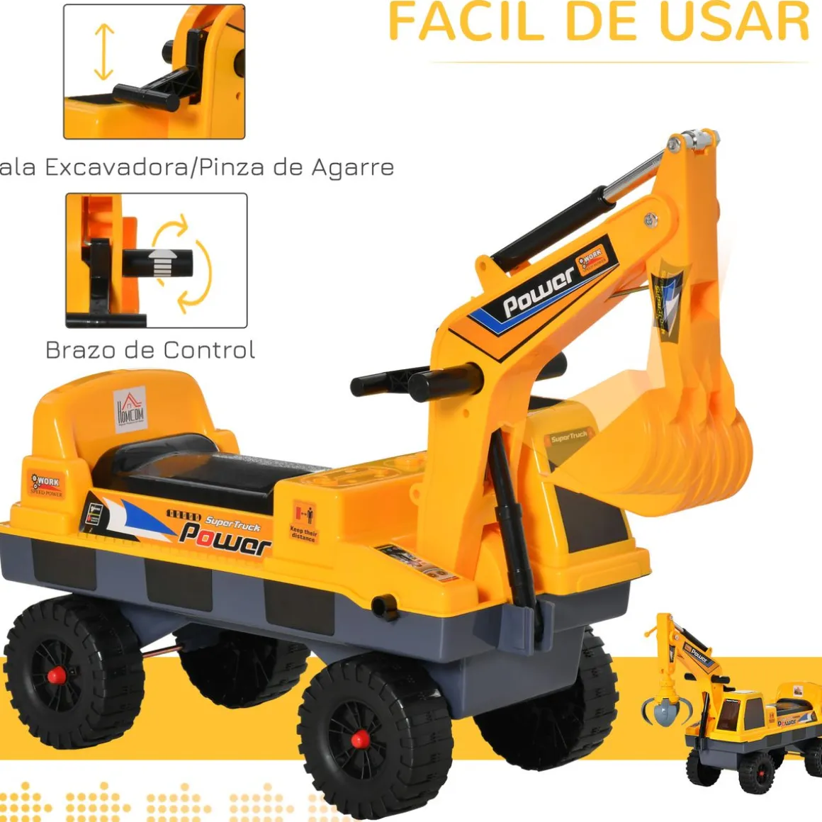 Tractor correpasillos Power Homcom con luces + música 2-3 años amarillo 58x90x28 cm