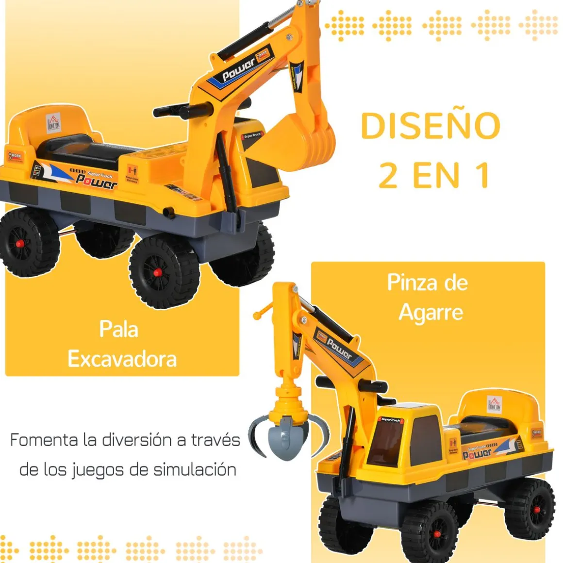 Tractor correpasillos Power Homcom con luces + música 2-3 años amarillo 58x90x28 cm
