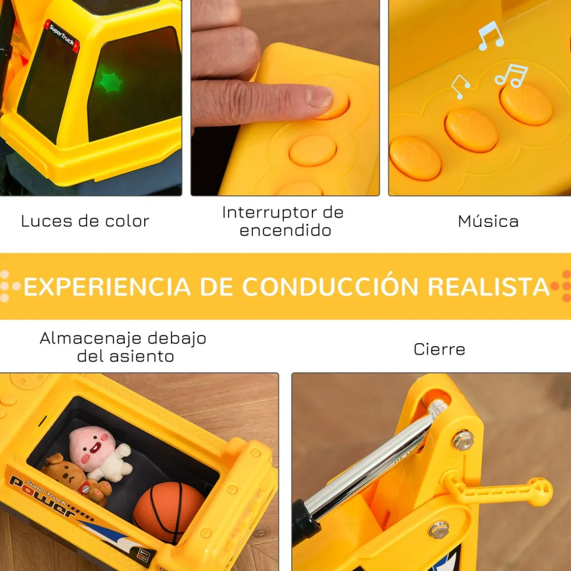 Tractor correpasillos Power Homcom con luces + música 2-3 años amarillo 58x90x28 cm