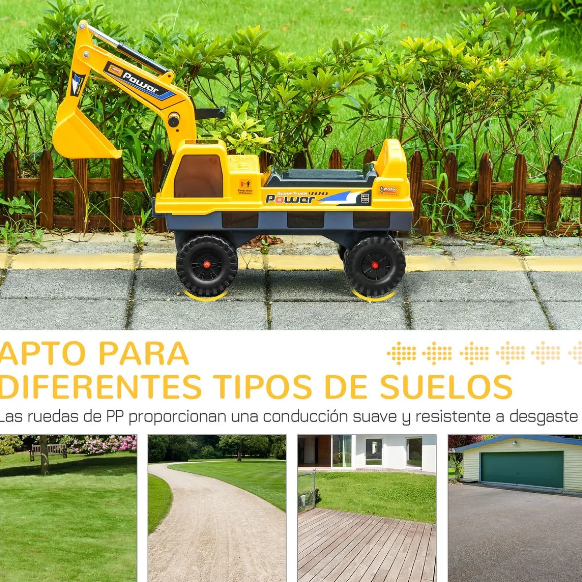 Tractor correpasillos Power Homcom con luces + música 2-3 años amarillo 58x90x28 cm