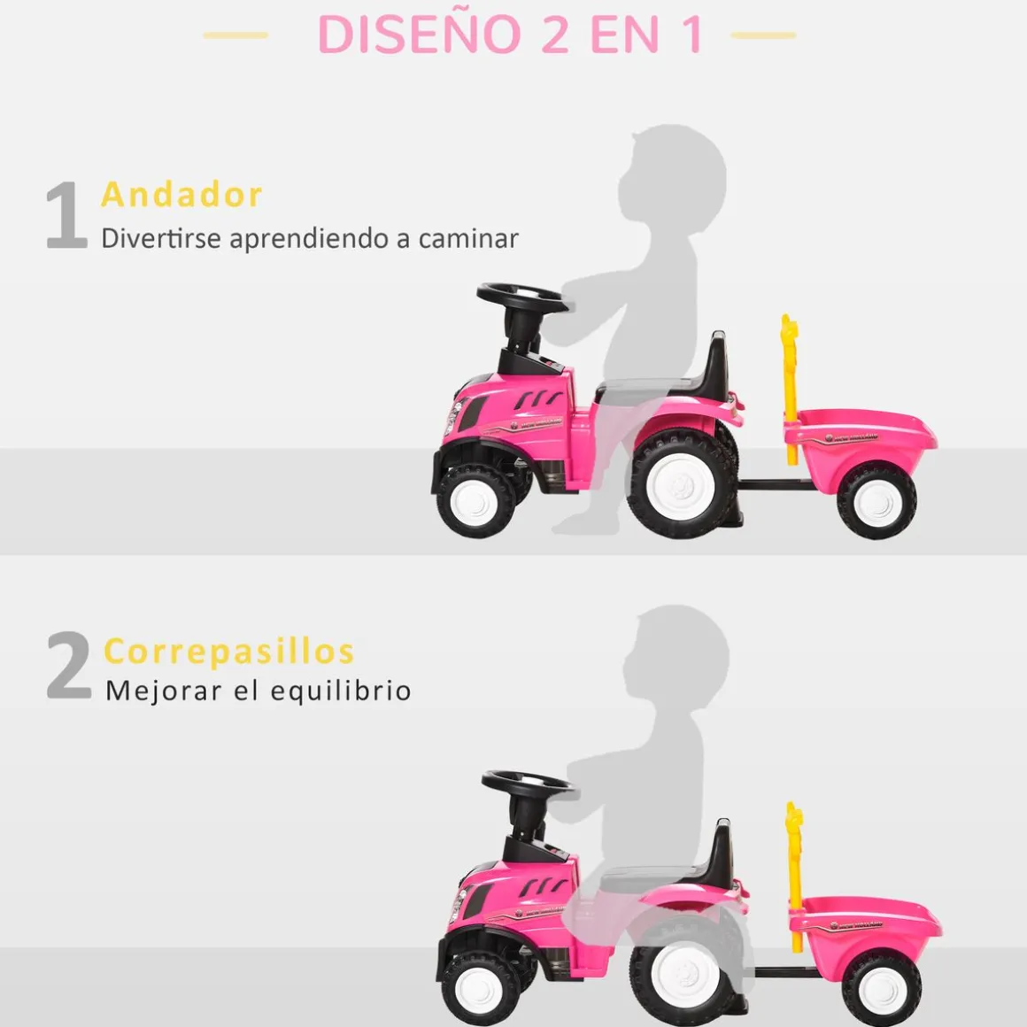 Tractor infantil Homcom con remolque desmontable 1-3 años 44x91x29 cm