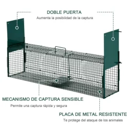 Trampa para animales PawHut metálica 2 puertas verde oscuro 28x100x25 cm