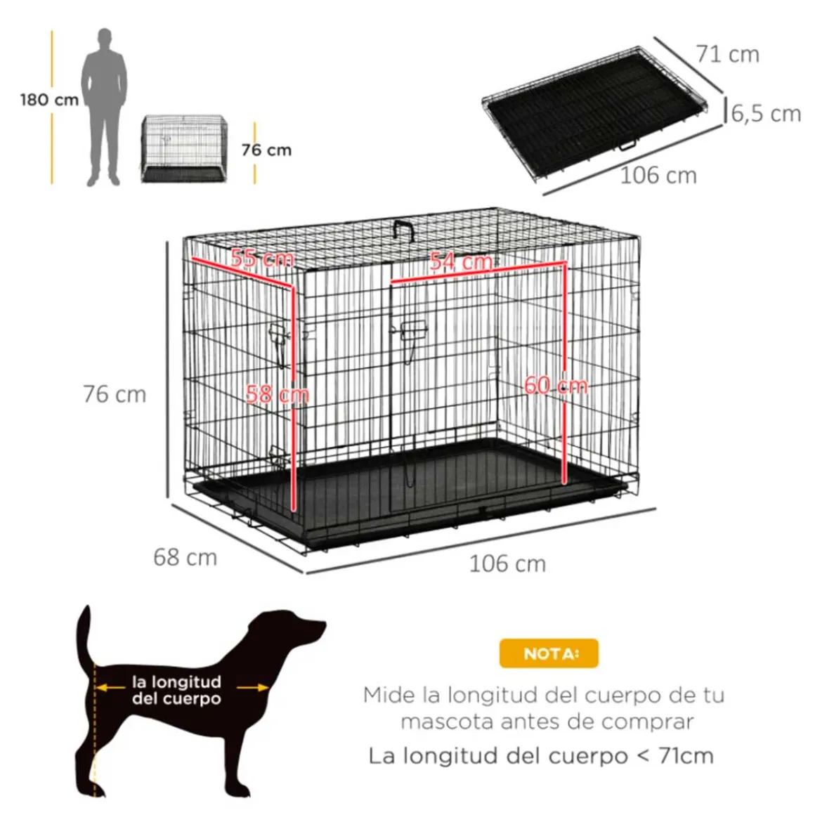 Transportín de perro PawHut 2 puertas plegable con asa negro 76x106x68 cm