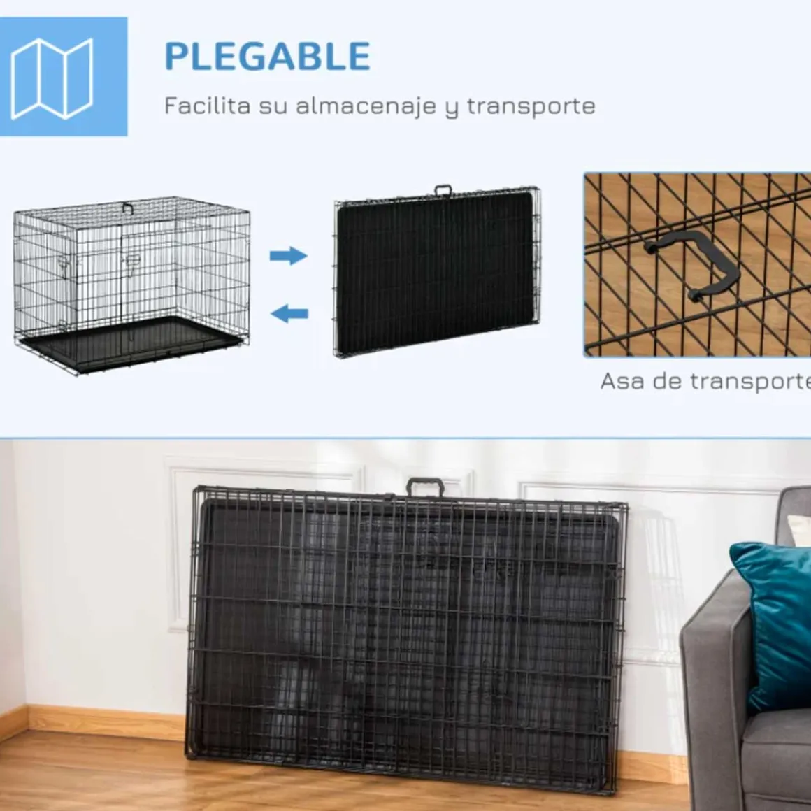 Transportín de perro PawHut 2 puertas plegable con asa negro 76x106x68 cm