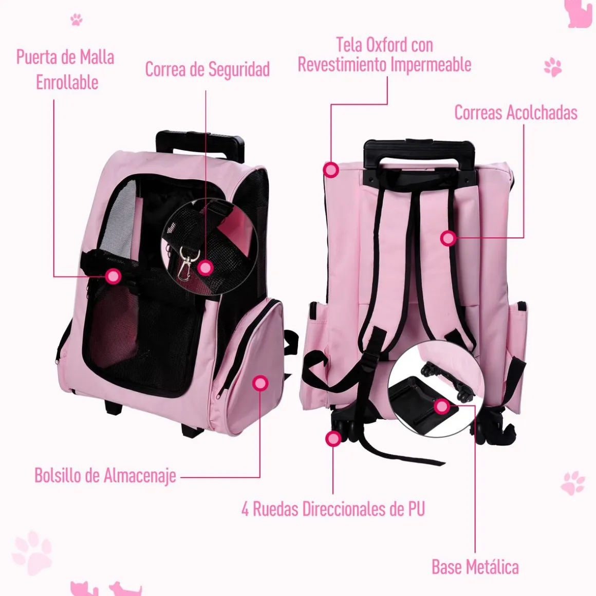 Transportín Pawhut 2 en 1 carrito altura regulable rosa 55-104x42x25 cm