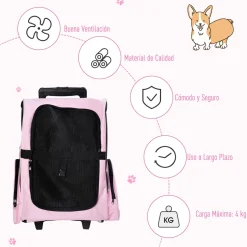 Transportín Pawhut 2 en 1 carrito altura regulable rosa 55-104x42x25 cm