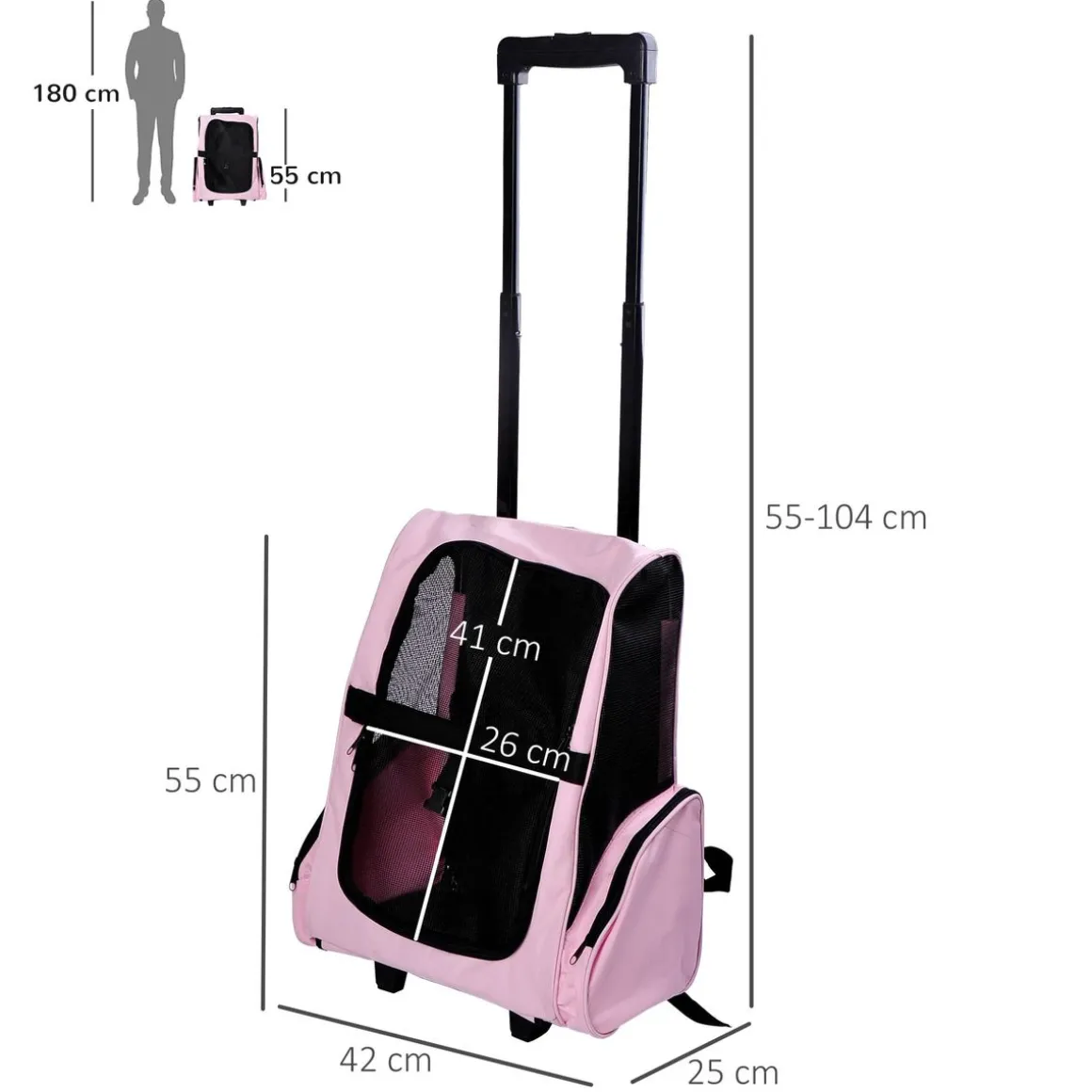 Transportín Pawhut 2 en 1 carrito altura regulable rosa 55-104x42x25 cm