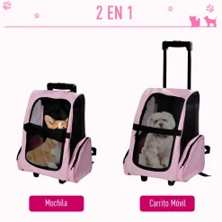 Transportín Pawhut 2 en 1 carrito altura regulable rosa 55-104x42x25 cm
