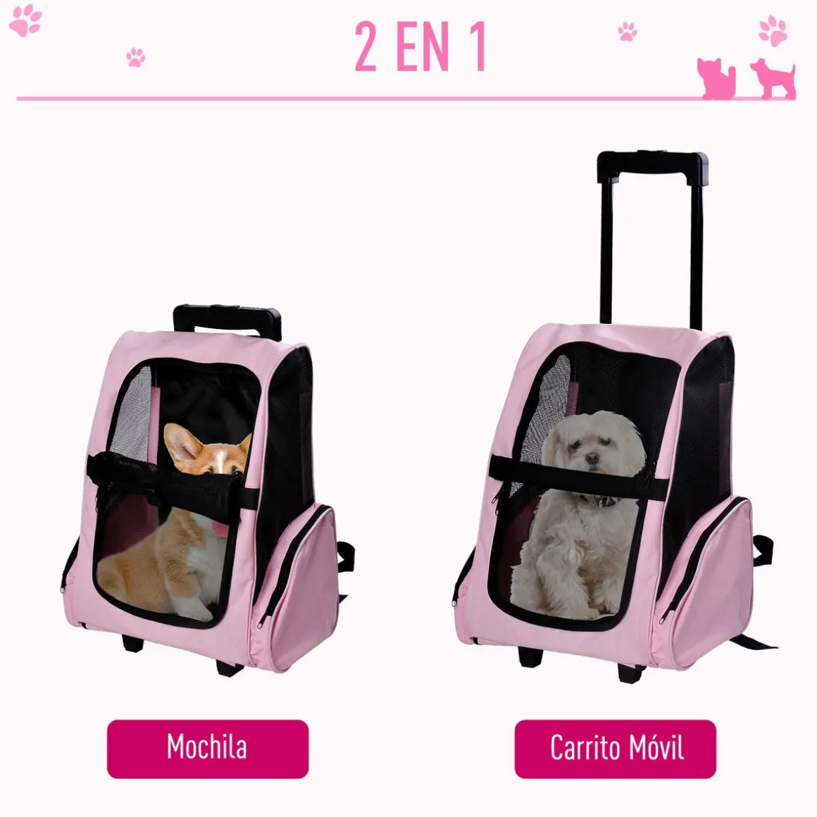 Transportín Pawhut 2 en 1 carrito altura regulable rosa 55-104x42x25 cm