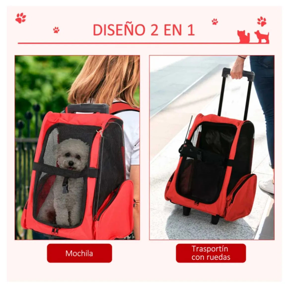 Transportín PawHut 2 en 1 con asa negro/rojo 55-99x42x25 cm