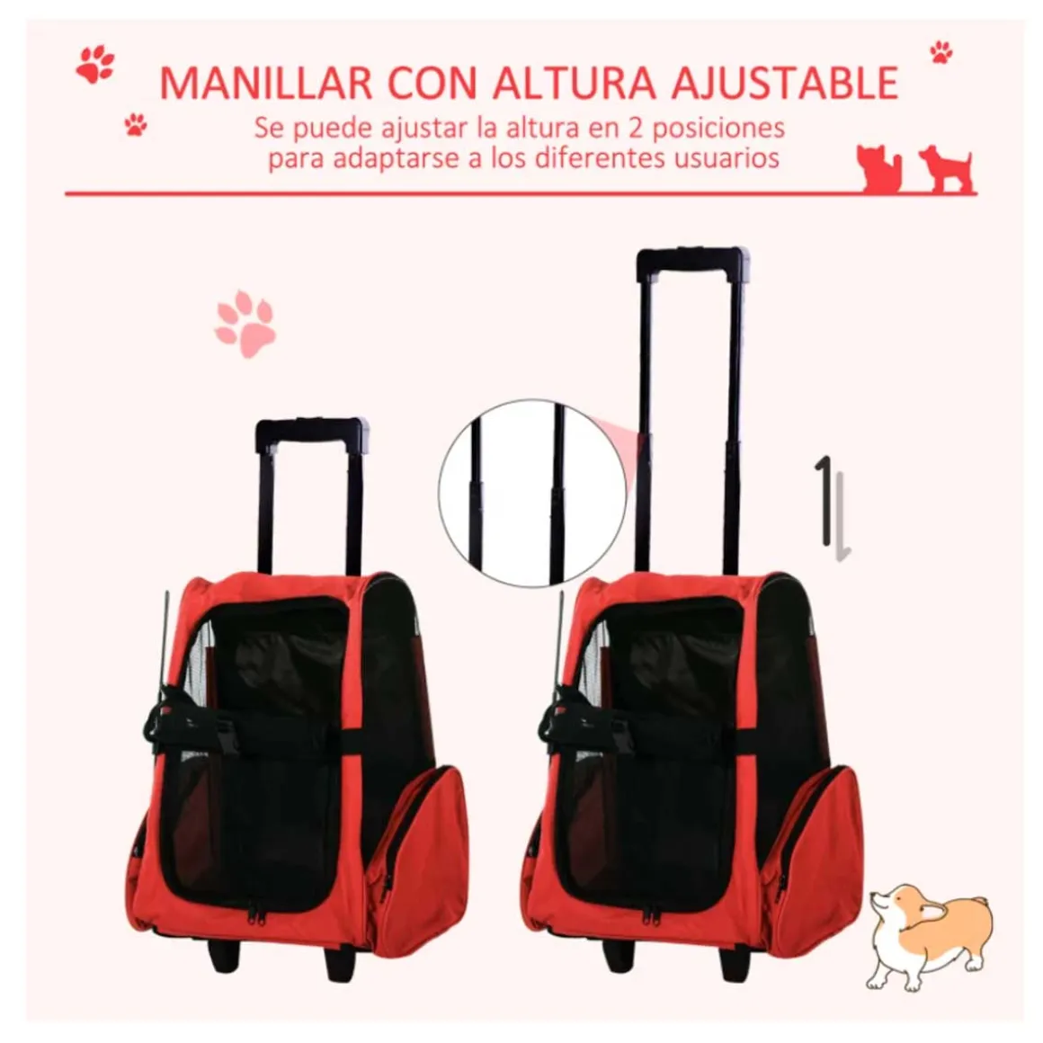 Transportín PawHut 2 en 1 con asa negro/rojo 55-99x42x25 cm