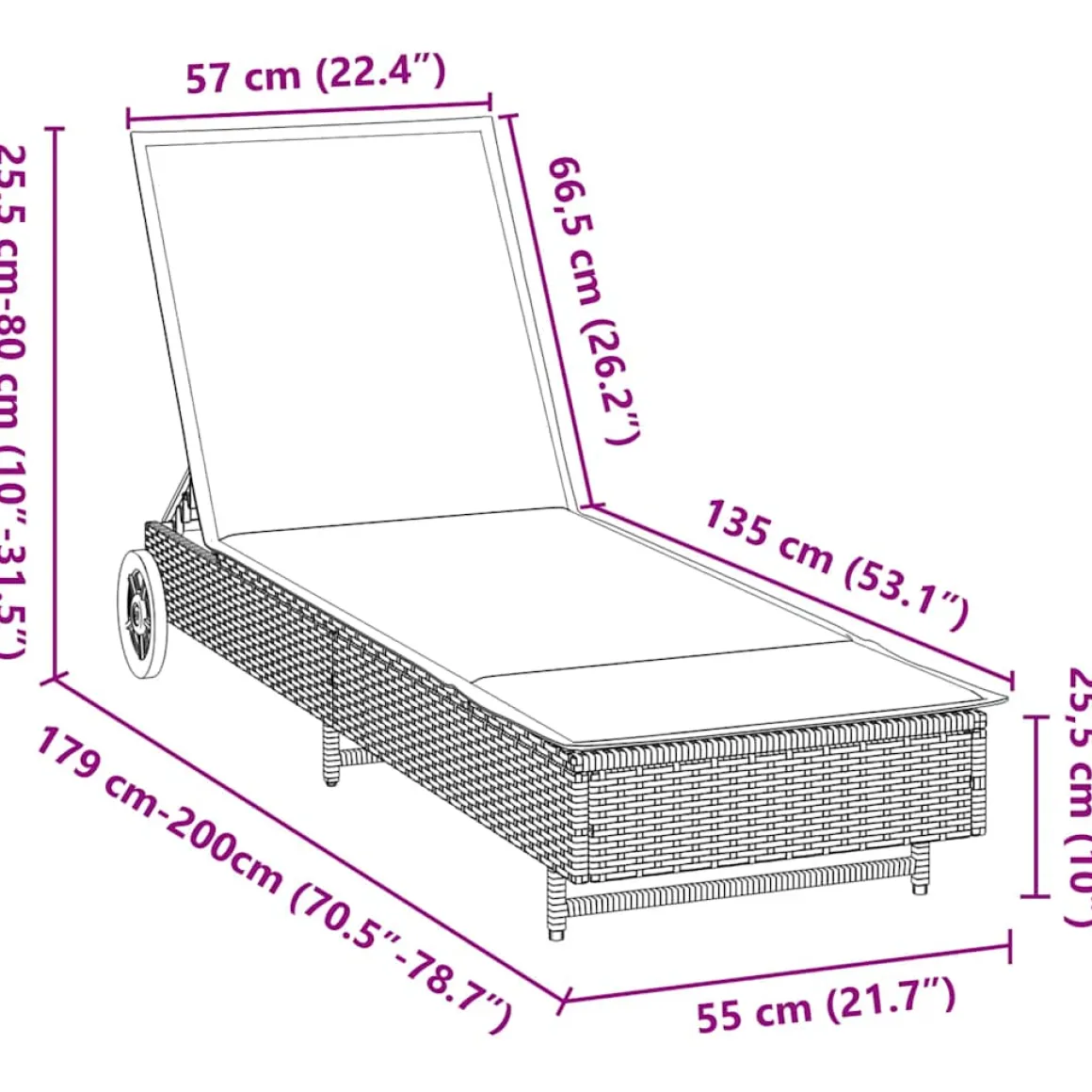 Tumbona Arenis reclinable 3 posiciones + 2 ruedas 80x179x55 cm