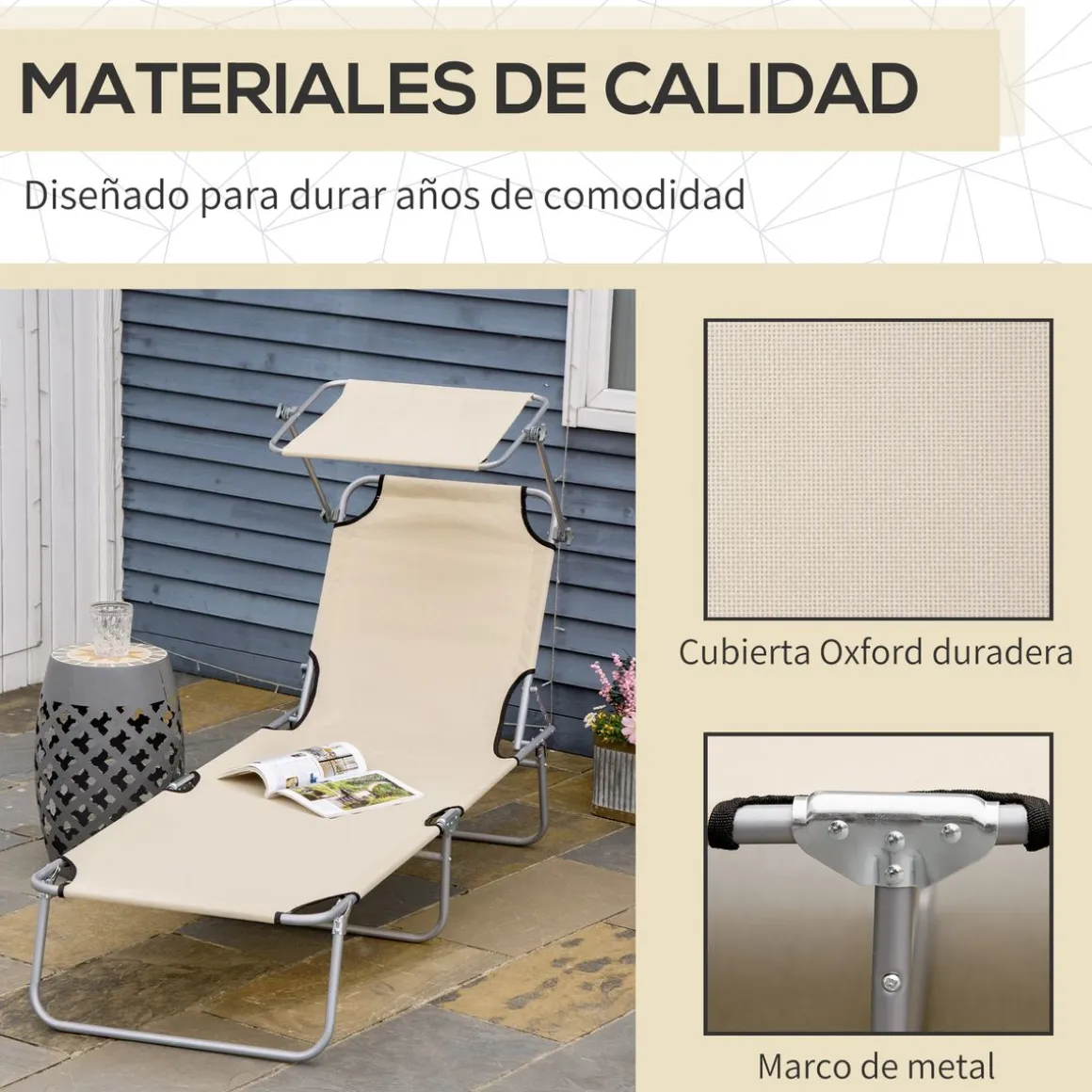 Tumbona Benidorm Outsunny plegable con parasol beige 36x187x58 cm