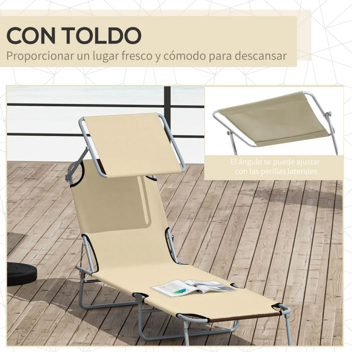 Tumbona Benidorm Outsunny plegable con parasol beige 36x187x58 cm
