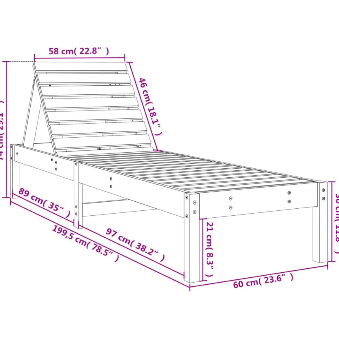 Tumbona de madera maciza de pino 199,5x60x74 cm