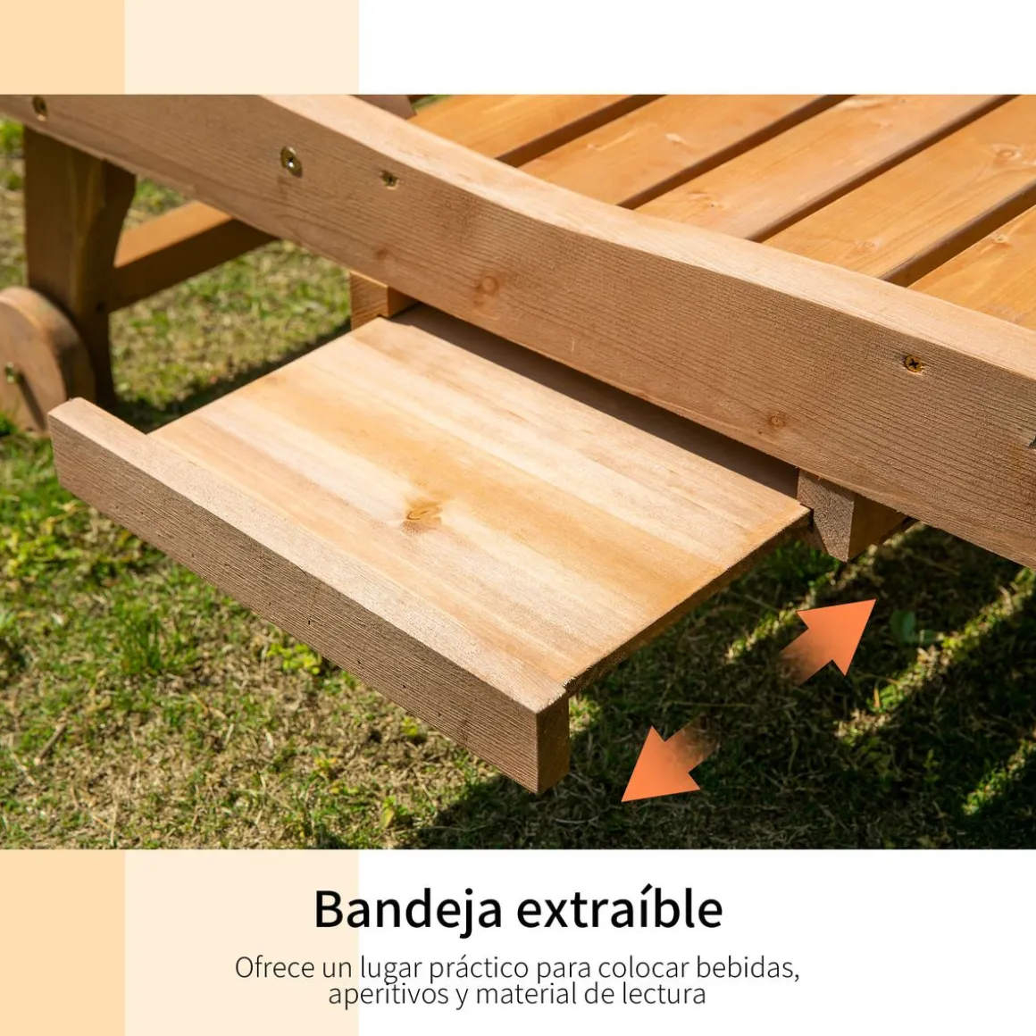 Tumbona Grecia Outsunny 3 posiciones + bandeja + ruedas natural 83x60x165 cm