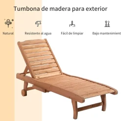 Tumbona Grecia Outsunny 3 posiciones + bandeja + ruedas natural 83x60x165 cm