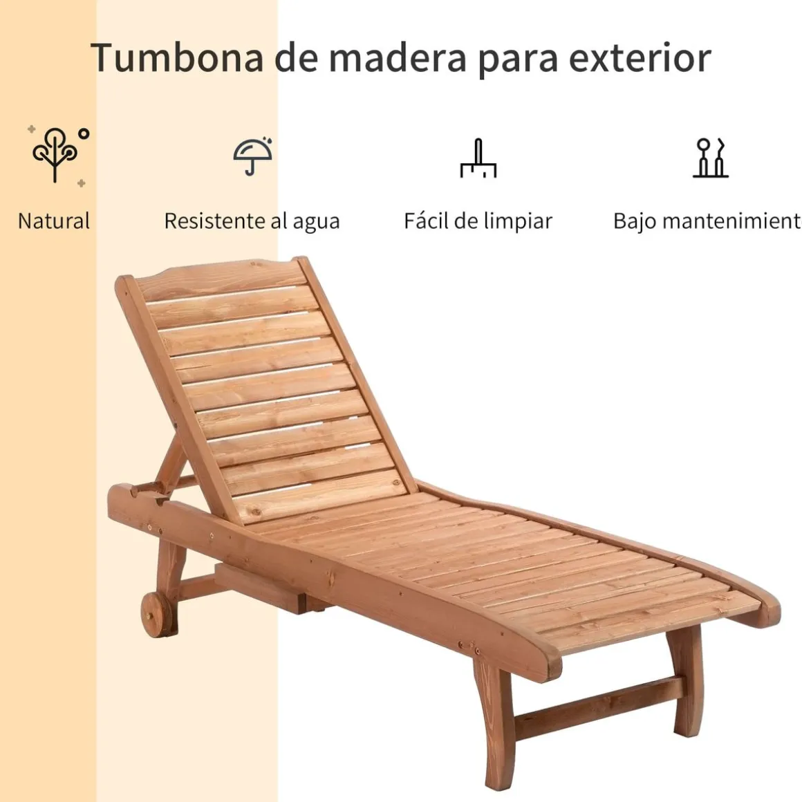 Tumbona Grecia Outsunny 3 posiciones + bandeja + ruedas natural 83x60x165 cm