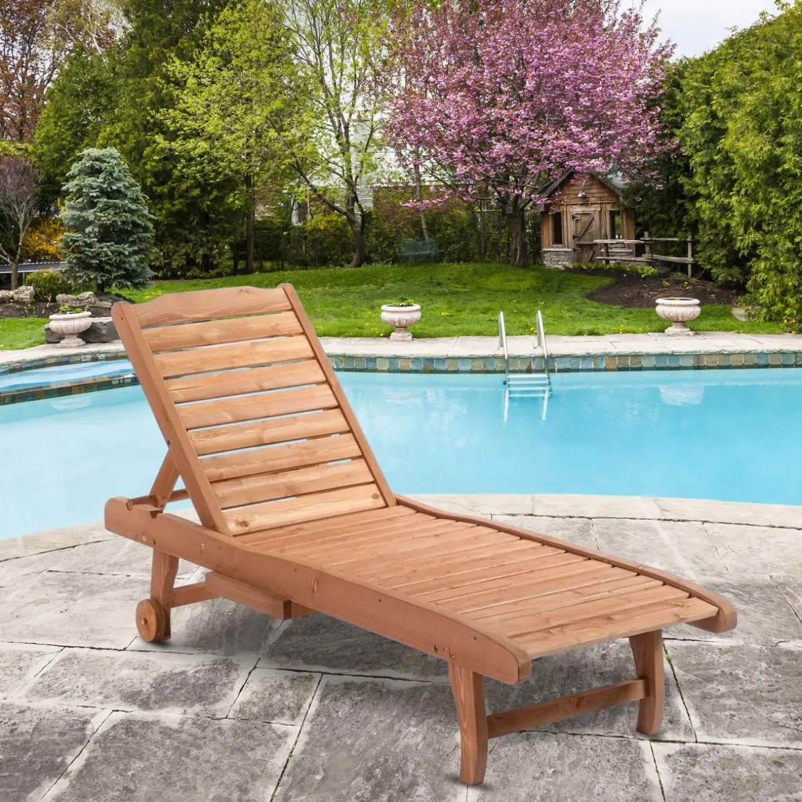 Tumbona Grecia Outsunny 3 posiciones + bandeja + ruedas natural 83x60x165 cm