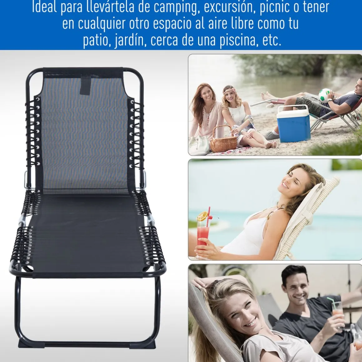 Tumbona Guadix Outsunny plegable respaldo ajustable negro 30x197x58 cm