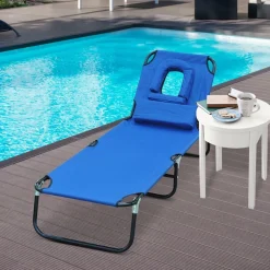 Tumbona Outsunny orificio para cabeza plegable/reclinable azul 56x28x190 cm