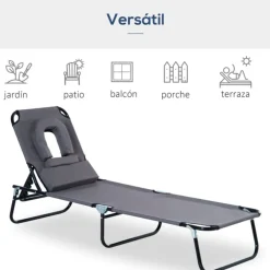 Tumbona Outsunny plegable con orificio respaldo ajustable 4 posiciones 28x56x190 cm