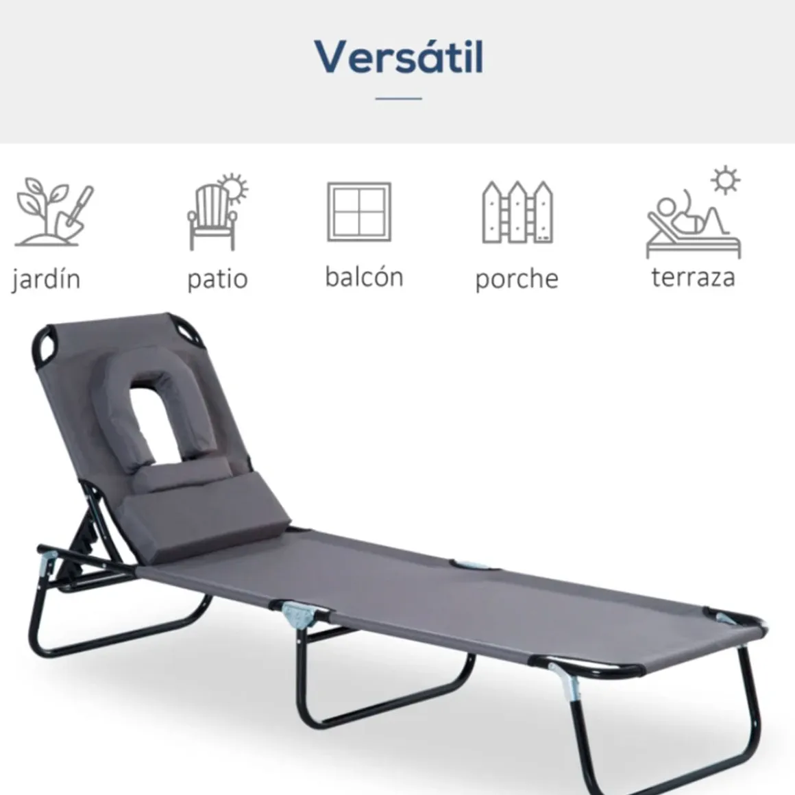 Tumbona Outsunny plegable con orificio respaldo ajustable 4 posiciones 28x56x190 cm